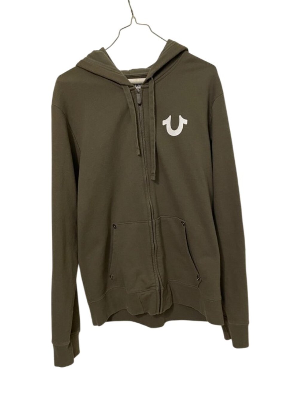 True Religion Mens World Tour Buddha Zip Up Hoodie Sweatshirt Olive Green XL